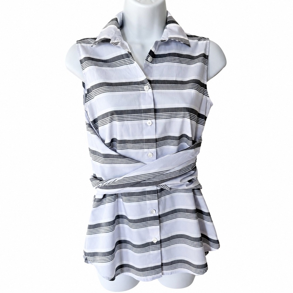 Derek Lam 10 Crosby Womens 0 gray Striped Sleeveless Wrap Waist Cotton Shirt Top